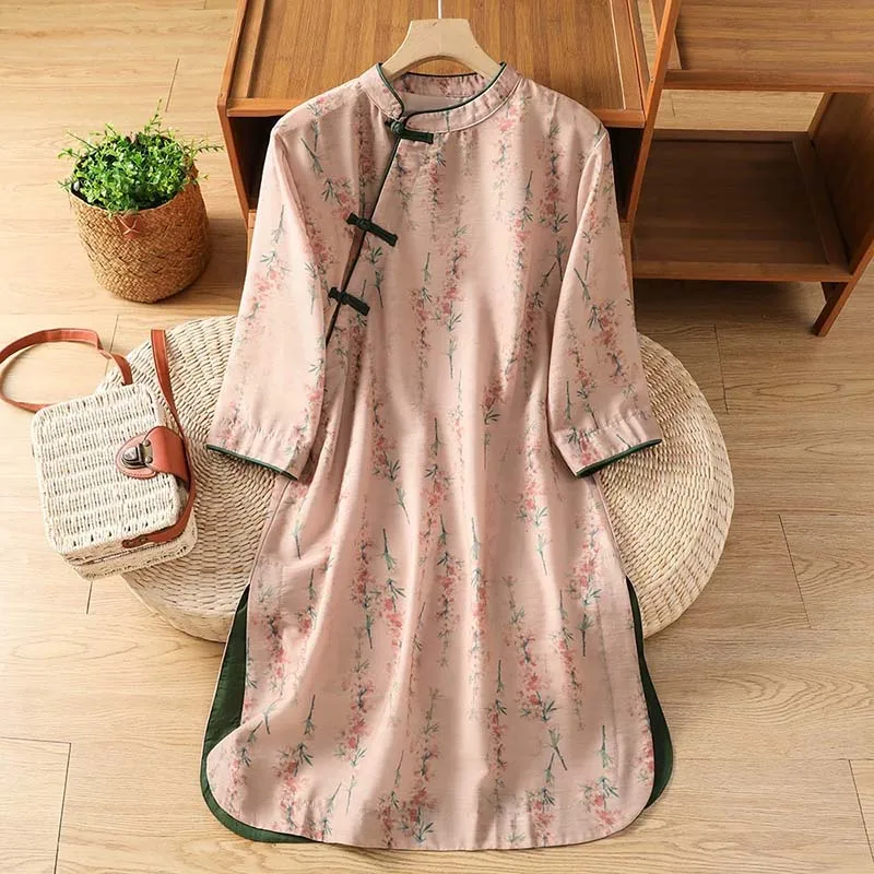 Improved Chinese Cheongsam Skirt Cotton Linen National Wind Printed Zen Dress Women's Summer Stand-up Collar Buckle Linen Dress
Improved Chinese Cheongsam Skirt Cotton Linen National Wind Printed Zen Dress Women's Summer Stand-up Collar Buckle Linen Dress