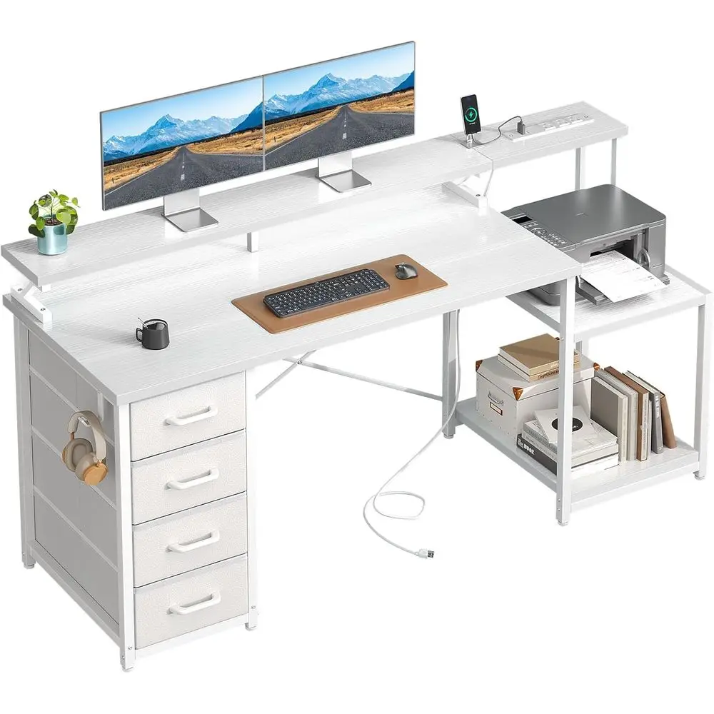 55 Inch Desk with 4 Drawers, Office Desk with Power Outlets, Printer Shelf, Storage, White
55 Inch Desk with 4 Drawers, Office Desk with Power Outlets, Printer Shelf, Storage, White