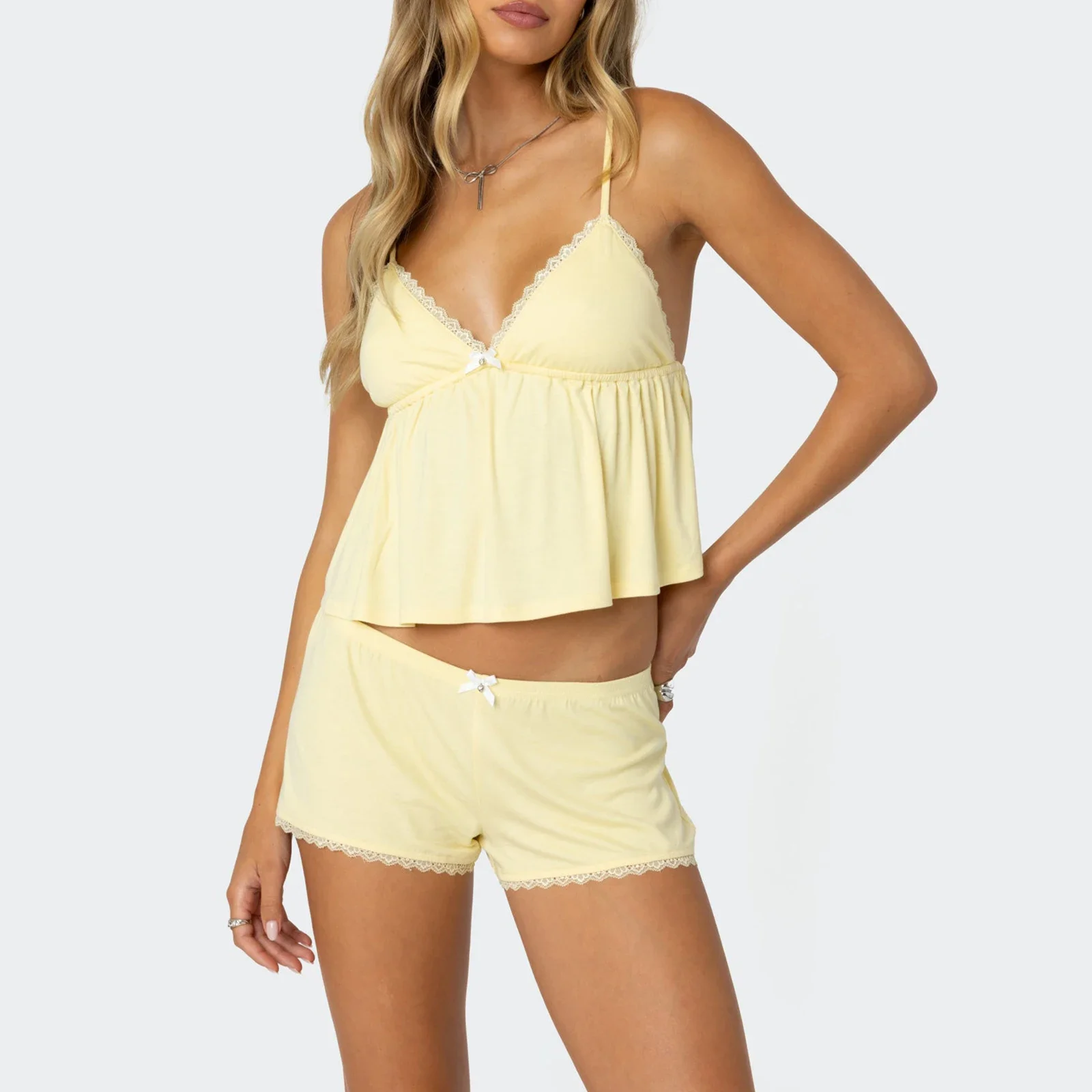 Women Y2K Pajamas Set Coquette Sleeveless Lace Trim Babydoll Cami Tank Top and Shorts Cute Pj Lounge Set Sleepwear
Women Y2K Pajamas Set Coquette Sleeveless Lace Trim Babydoll Cami Tank Top and Shorts Cute Pj Lounge Set Sleepwear