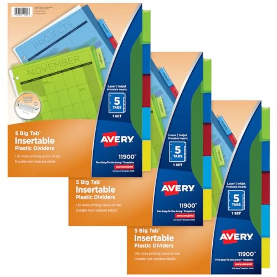 Dividers for 3 Ring Binders, 5-Tab Plastic Binder Dividers, Insertable Big Tabs, Multicolor 3 Sets of 11900
Dividers for 3 Ring Binders, 5-Tab Plastic Binder Dividers, Insertable Big Tabs, Multicolor 3 Sets of 11900