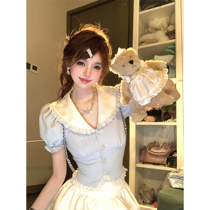 MEXZT Kawaii Cropped Pink Shirts Women Japanese Cute Lace Patchwork Blouses Summer Y2K Puff Short Sleeve Slim Design Tops New
MEXZT Kawaii Cropped Pink Shirts Women Japanese Cute Lace Patchwork Blouses Summer Y2K Puff Short Sleeve Slim Design Tops New