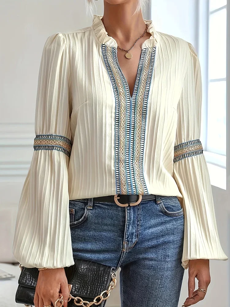 Lace Patched Frill Hem V Neck Lantern Sleeve Casual Elegant Blouse Tops for Women
Lace Patched Frill Hem V Neck Lantern Sleeve Casual Elegant Blouse Tops for Women