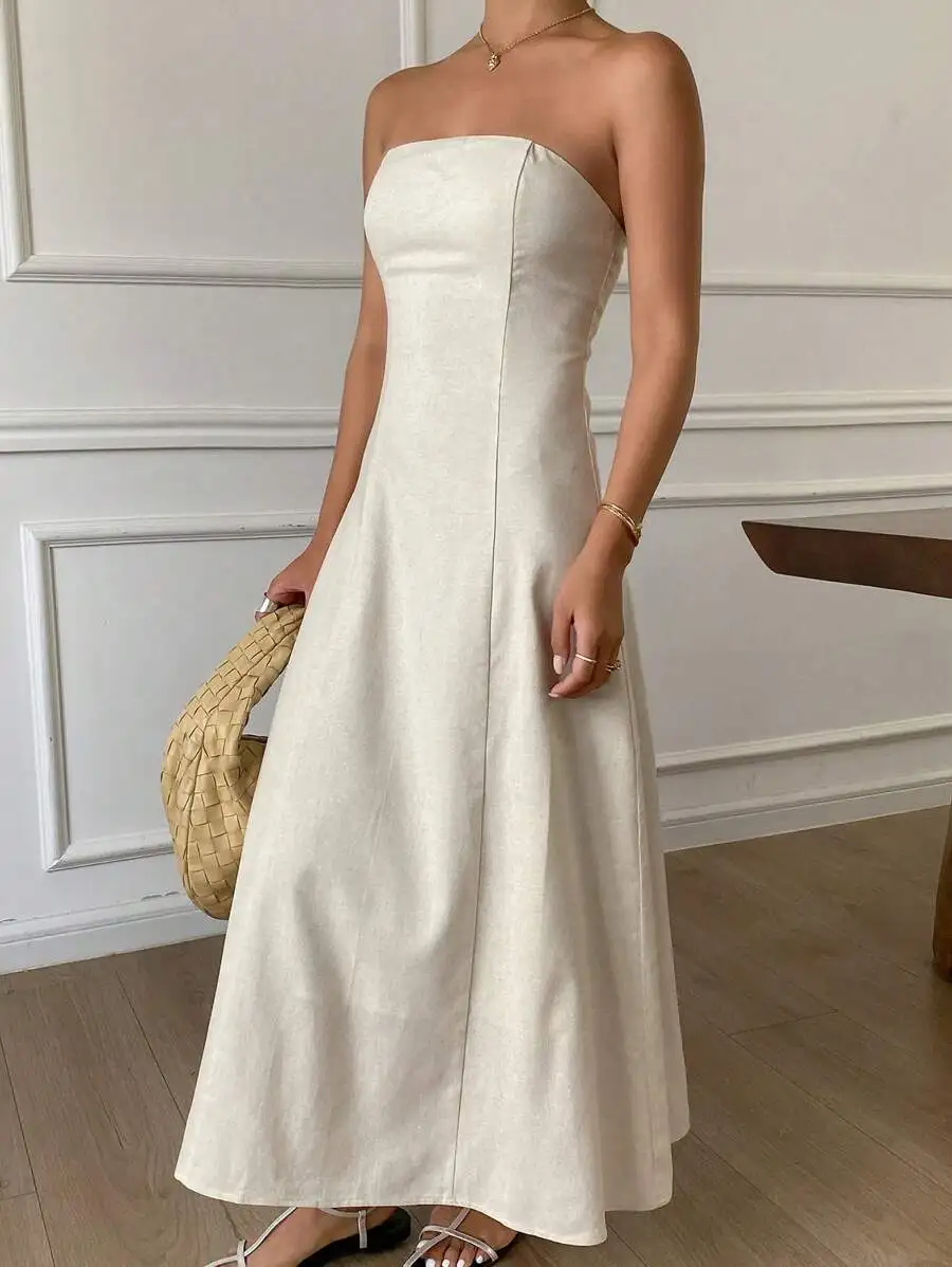 Womens Strapless Solid Color Korean Style Elegant Midi Dress
Womens Strapless Solid Color Korean Style Elegant Midi Dress