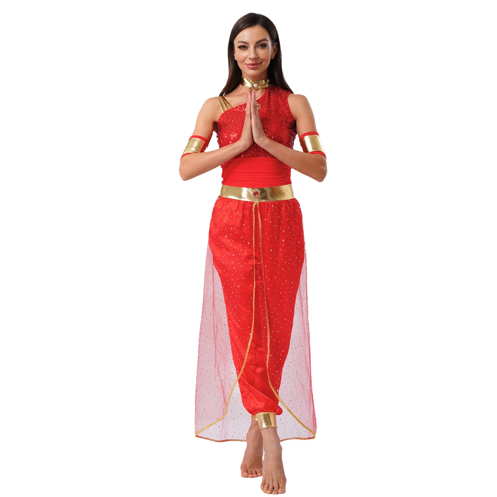 Halloween Ancient Arab Princess Cosplay Outfits Female Shiny Tulle Overlay Jumpsuit with Sleeve for Indian Middle East Costumes 
Halloween Ancient Arab Princess Cosplay Outfits Female Shiny Tulle Overlay Jumpsuit with Sleeve for Indian Middle East Costumes