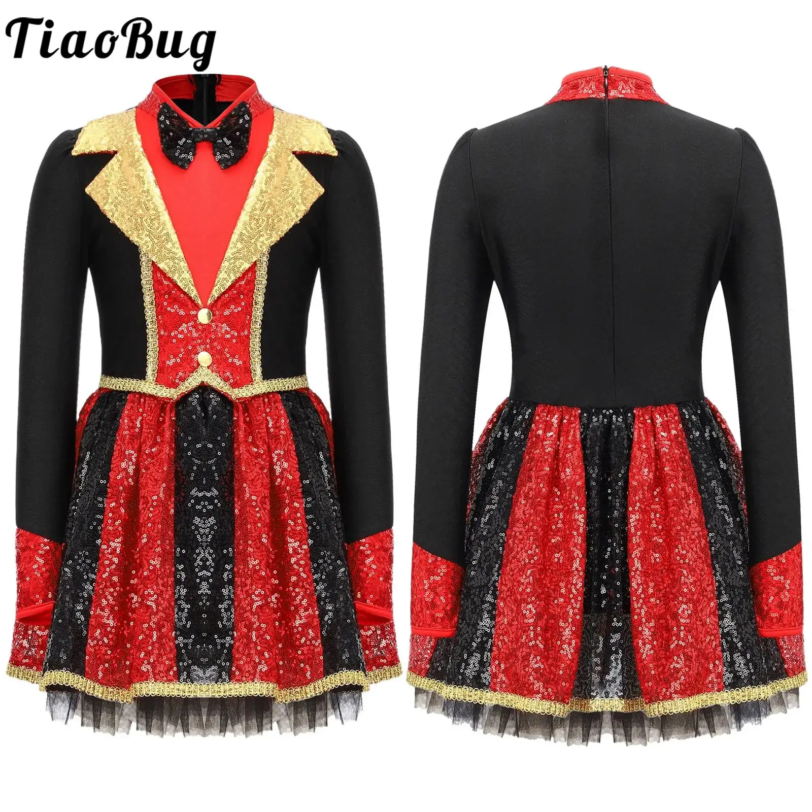 Girls Halloween Circus Lion Tamer Costume Ringmaster Fancy Dress Up Sequin Gold Webbing Trim Long Sleeve Bow Tie Tutu Dress
Girls Halloween Circus Lion Tamer Costume Ringmaster Fancy Dress Up Sequin Gold Webbing Trim Long Sleeve Bow Tie Tutu Dress