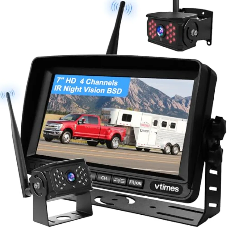 Wireless Backup Camera for Trucks and RVs: IP69K Waterproof, 7 HD Monitor, 4-Channel Split Screen, BSD Alert, 984ft Range, IR N
Wireless Backup Camera for Trucks and RVs: IP69K Waterproof, 7 HD Monitor, 4-Channel Split Screen, BSD Alert, 984ft Range, IR N