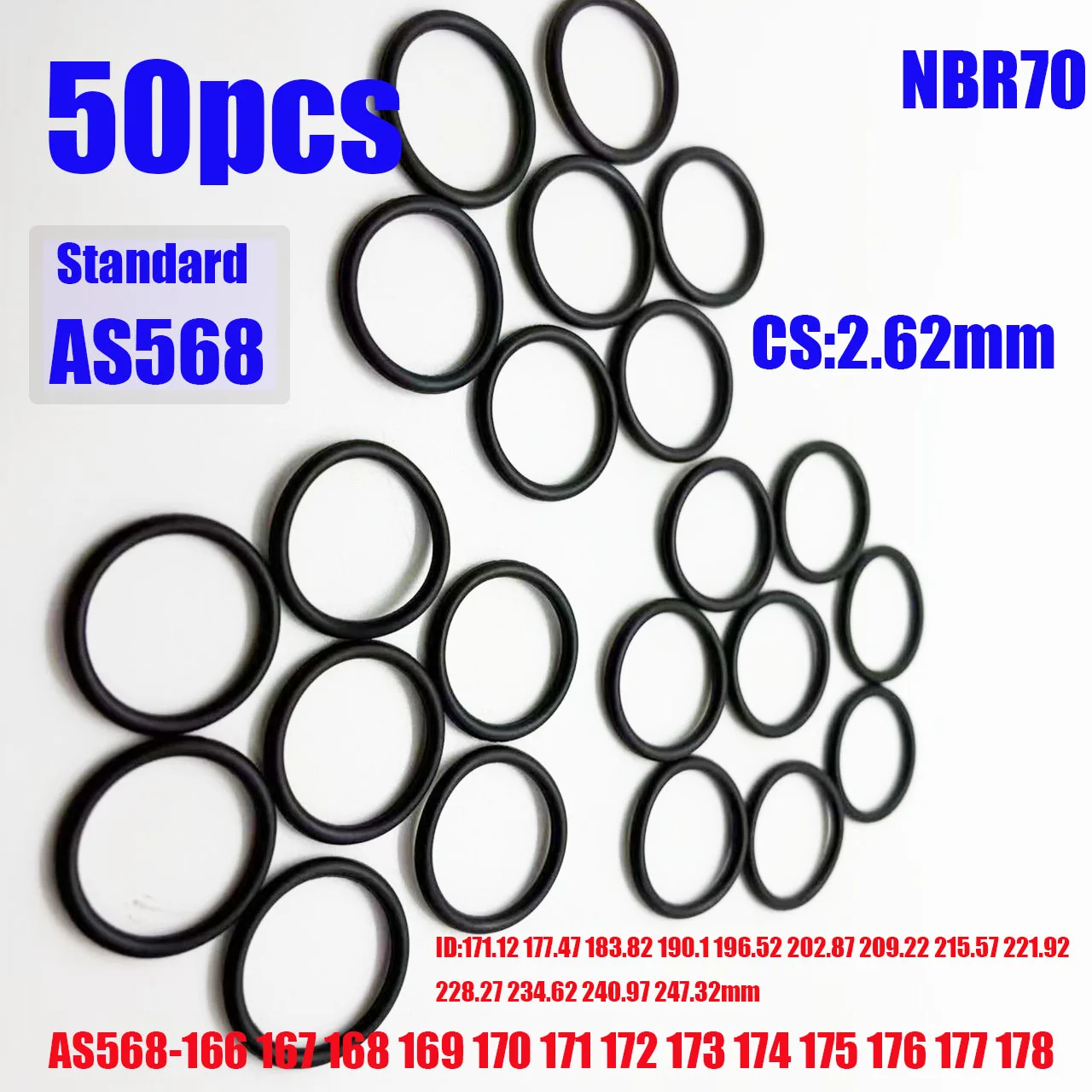 50PCS O ring rubber ring CS 2.62 ID171.12 177.47 183.82 190.17 196.52 202.87 209.22 215.57 221.92 AS568-166 167 168 169 170-178
50PCS O ring rubber ring CS 2.62 ID171.12 177.47 183.82 190.17 196.52 202.87 209.22 215.57 221.92 AS568-166 167 168 169 170-178