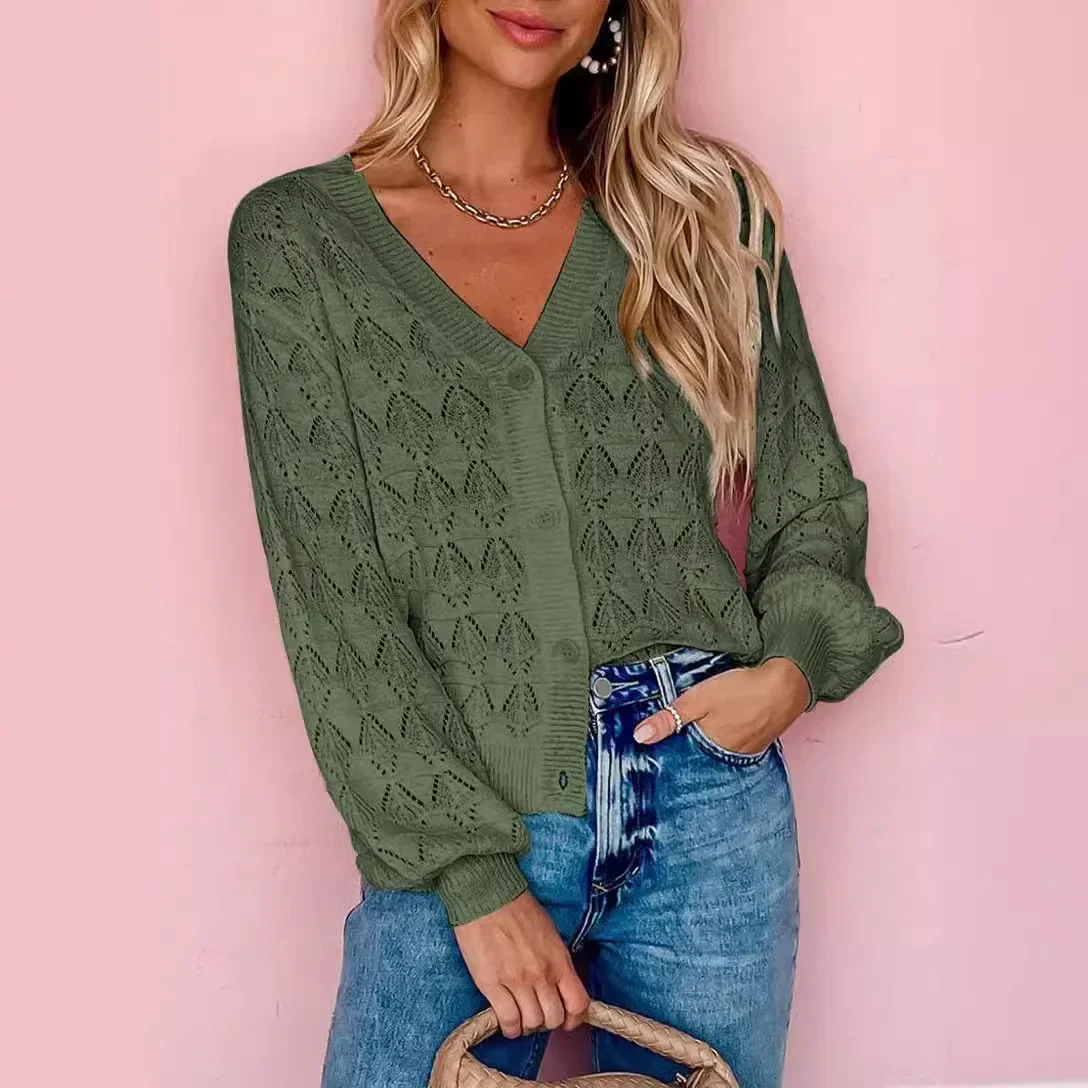 Solid Color Casual Crochet Hollow Out Cardigan Sweater, V-neck Single Breasted Loose Knitted Sweater, Women's Autumn and Winter
Solid Color Casual Crochet Hollow Out Cardigan Sweater, V-neck Single Breasted Loose Knitted Sweater, Women's Autumn and Winter