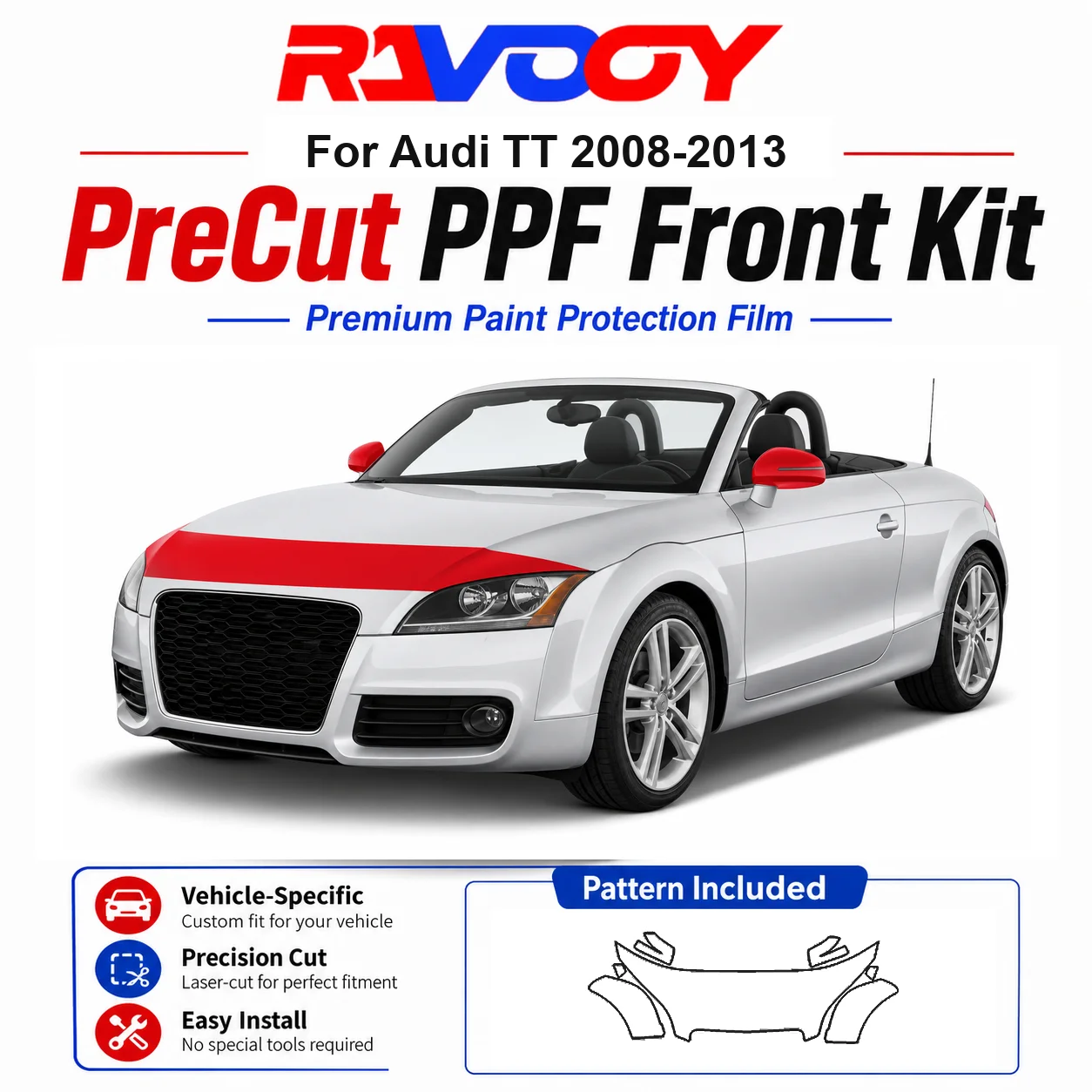 8.5mil TPU Precut PPF Kit For Audi TT 2008-2013 - Hood, Partial Fenders & Full Mirror Set - Self-Healing Gloss Clear Bra Film
8.5mil TPU Precut PPF Kit For Audi TT 2008-2013 - Hood, Partial Fenders & Full Mirror Set - Self-Healing Gloss Clear Bra Film