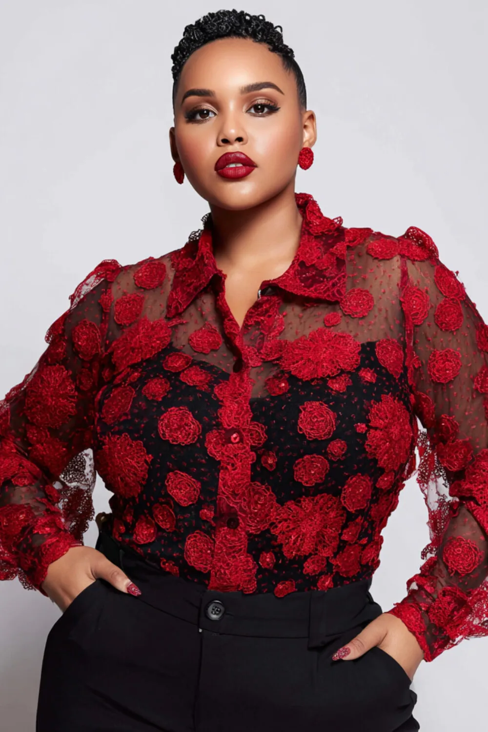 Plus Size 3D Floral Lace Sheer Blouse Collared Long Sleeve Button Down Mesh Shirt Elegant Floral Applique Dressy Top for Women
Plus Size 3D Floral Lace Sheer Blouse Collared Long Sleeve Button Down Mesh Shirt Elegant Floral Applique Dressy Top for Women