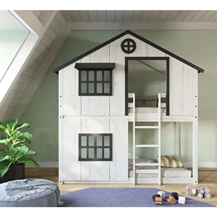Twin Over Twin Bunk Bed, White/Black Playhouse Design, Low Montessori Bottom Bunk, Ladder Included, Guardrails, Wood Frame, AST
Twin Over Twin Bunk Bed, White/Black Playhouse Design, Low Montessori Bottom Bunk, Ladder Included, Guardrails, Wood Frame, AST