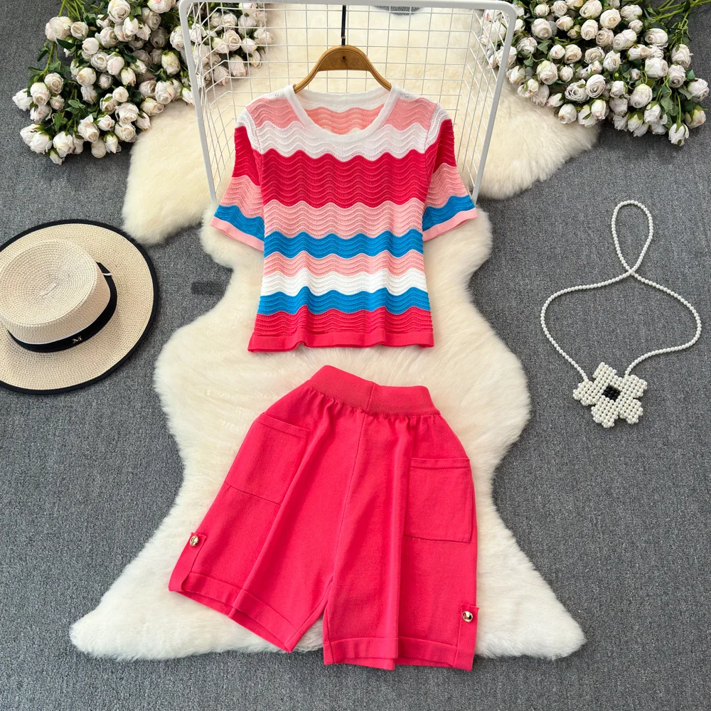 Shorts Pant Set Women Two Piece Sets Round Neck Short Sleeve Striped Tops Casual Loose Elastic Waist Pants Y2k Streetwear
Shorts Pant Set Women Two Piece Sets Round Neck Short Sleeve Striped Tops Casual Loose Elastic Waist Pants Y2k Streetwear