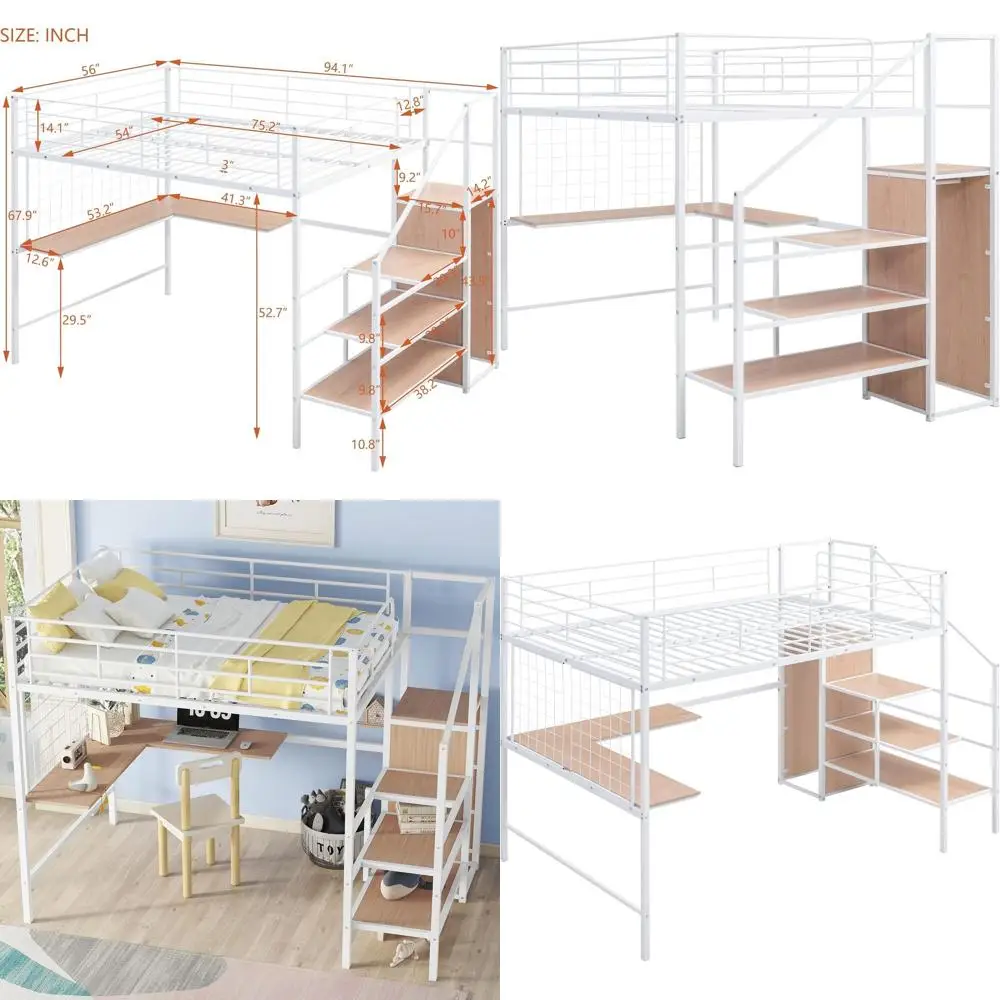 Полноразмерная кровать-чердак со столом, шкафом для хранения и лестницей - прочный металлический каркас, подходит для детей, девочек, мальчиков, без пружинного основания.
Полноразмерная кровать-чердак со столом, шкафом для хранения и лестницей - прочный металлический каркас, подходит для детей, девочек, мальчиков, без пружинного основания.