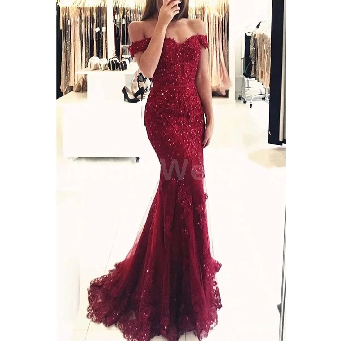 Lace Prom Dress Mermaid Off The Shoulder Formal Dress Evening Party Gowns with Train Customized
Lace Prom Dress Mermaid Off The Shoulder Formal Dress Evening Party Gowns with Train Customized