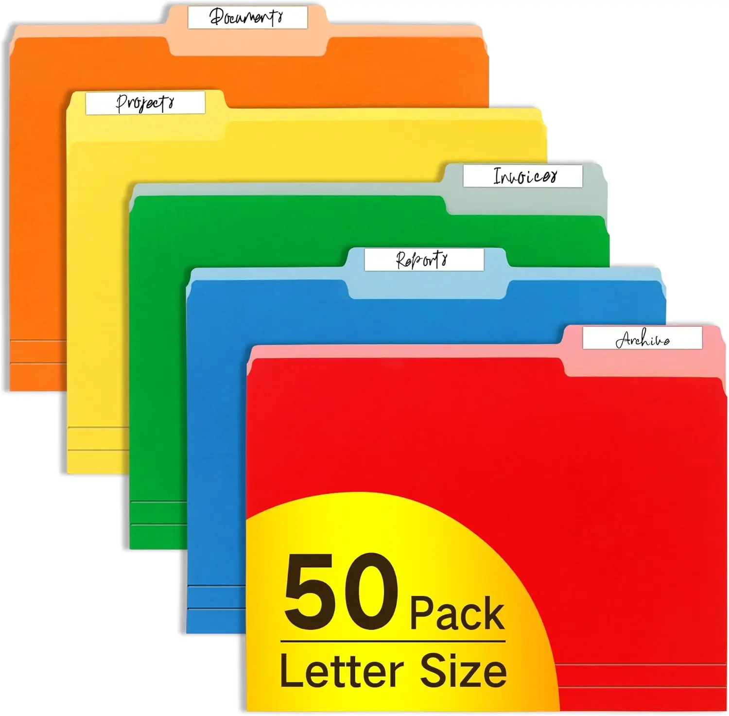 50 Pack Colored File Folders, Letter Size, 1/3-Cut Tabs, Assorted 5 Colors for Home Office School Organization
50 Pack Colored File Folders, Letter Size, 1/3-Cut Tabs, Assorted 5 Colors for Home Office School Organization