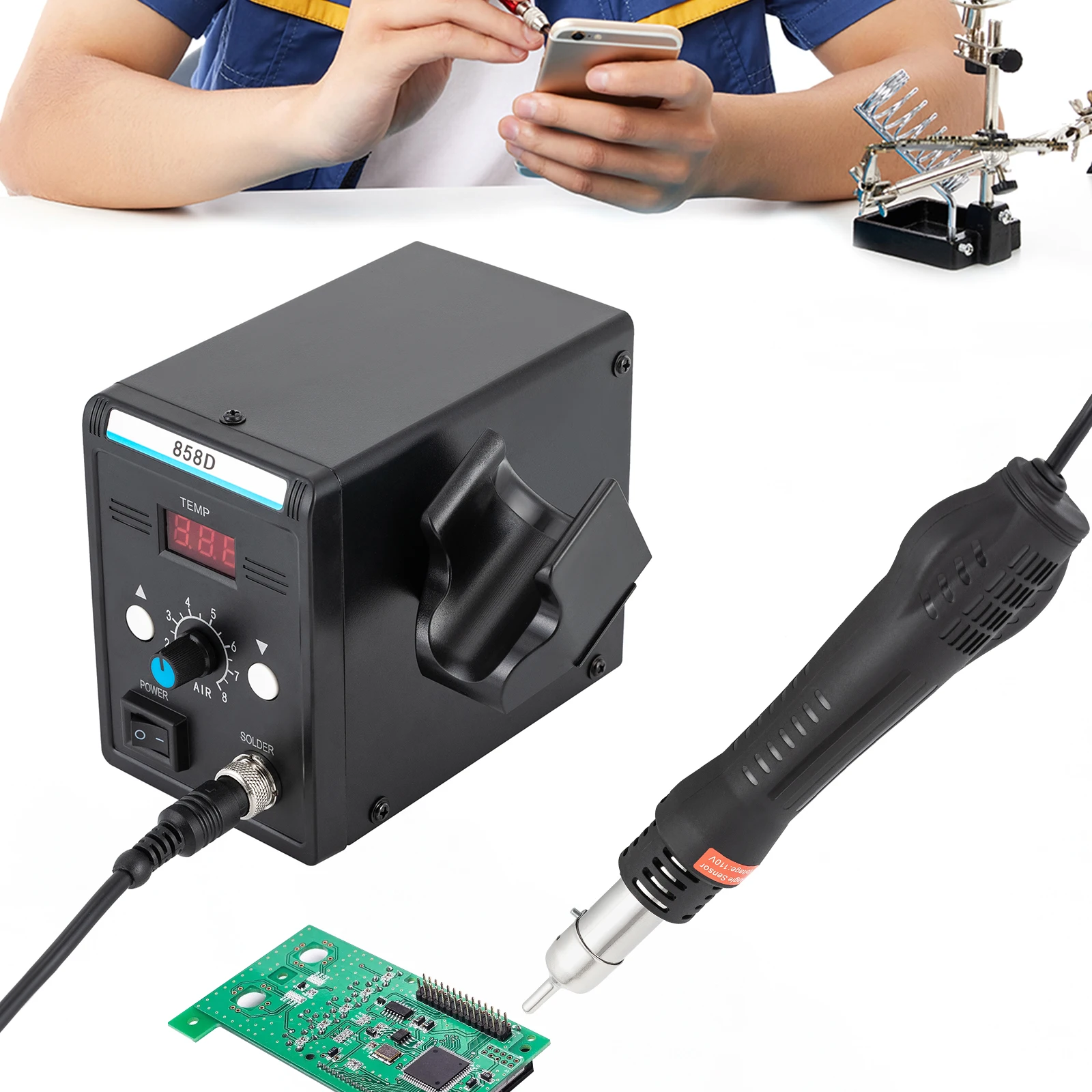 110V SMD Soldering Station with Heat Gun Set Anti-Impact High-Temperature-Resistant Adjustable for Soldering or Desoldering
110V SMD Soldering Station with Heat Gun Set Anti-Impact High-Temperature-Resistant Adjustable for Soldering or Desoldering