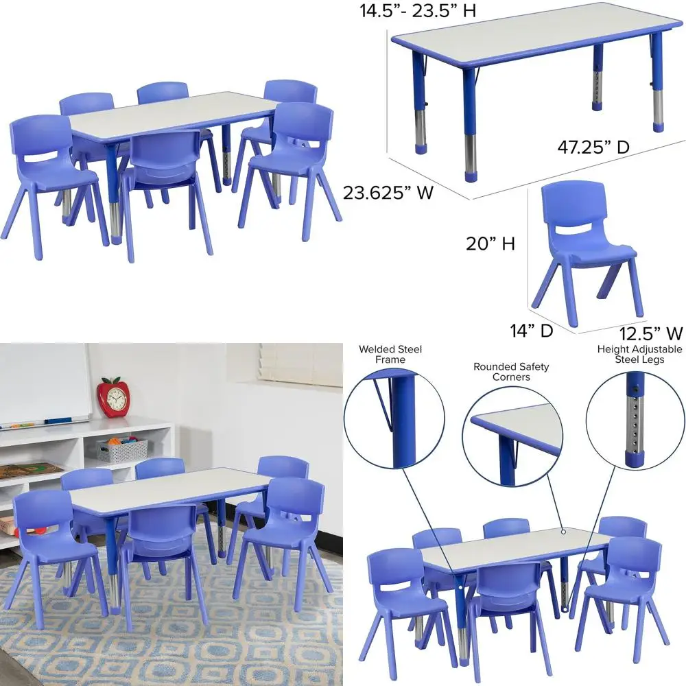 Adjustable Classroom Activity Table Set with 6 Stackable Chairs, Plastic, 23.625x47.25, Blue/Gray
Adjustable Classroom Activity Table Set with 6 Stackable Chairs, Plastic, 23.625x47.25, Blue/Gray