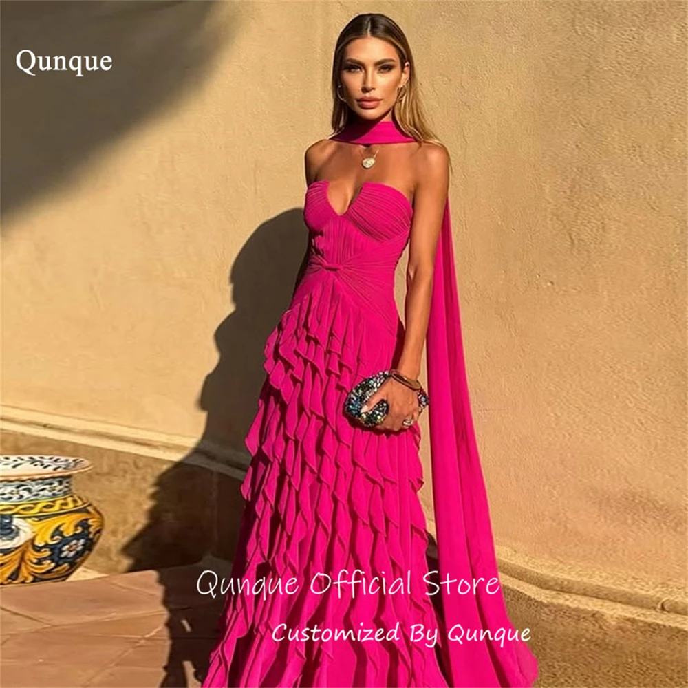 Qunque Fuchsia Ruffled Chiffon Evening Dresses Ribbons Tiered Prom Dresses A Line Flowy Graceful Robes De Soirée Customized
Qunque Fuchsia Ruffled Chiffon Evening Dresses Ribbons Tiered Prom Dresses A Line Flowy Graceful Robes De Soirée Customized