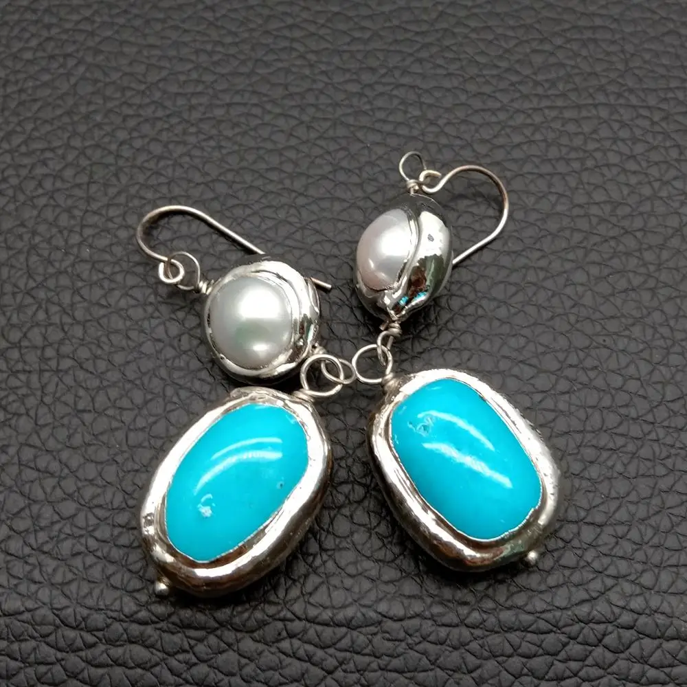 Y·YING Cultured White Pearl Blue Turquoise Gold Plated 925 Silver Hook Dangle Earrings 
Y·YING Cultured White Pearl Blue Turquoise Gold Plated 925 Silver Hook Dangle Earrings