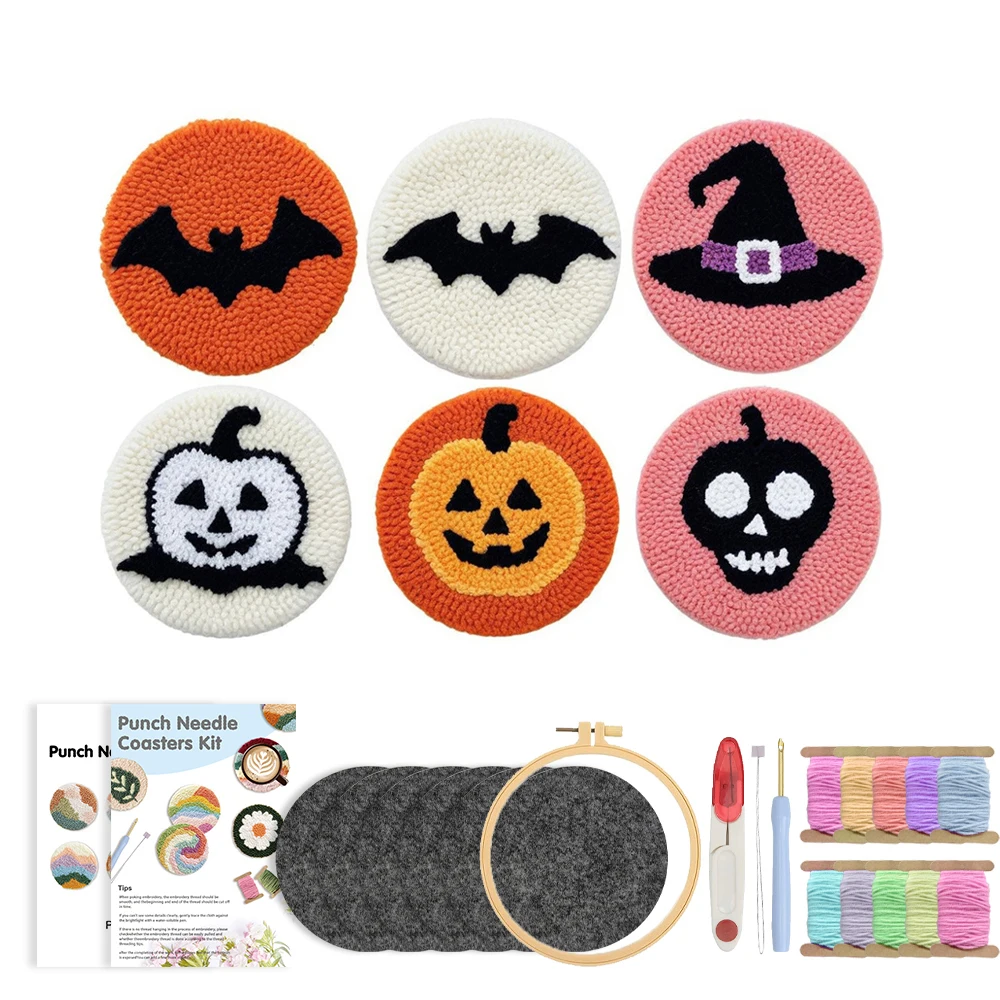 Punch Needle Coasters Kit, 6 Pattern Embroidery Punch Needle Kits, Halloween Pattern Coasters with Felt Yarns Hoop Tools DIY
Punch Needle Coasters Kit, 6 Pattern Embroidery Punch Needle Kits, Halloween Pattern Coasters with Felt Yarns Hoop Tools DIY