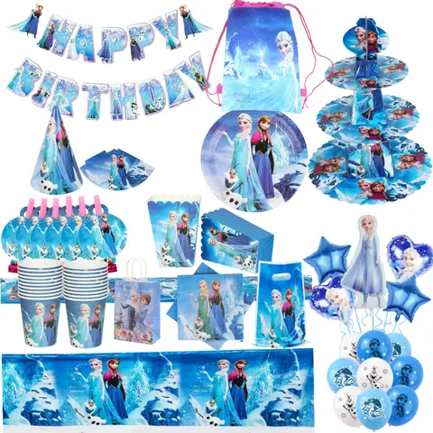 Frozen Girl Disney Birthday Party Disposable Tableware Balloon Decoration Set Baby Shower Gift Bag Table Cloth Background