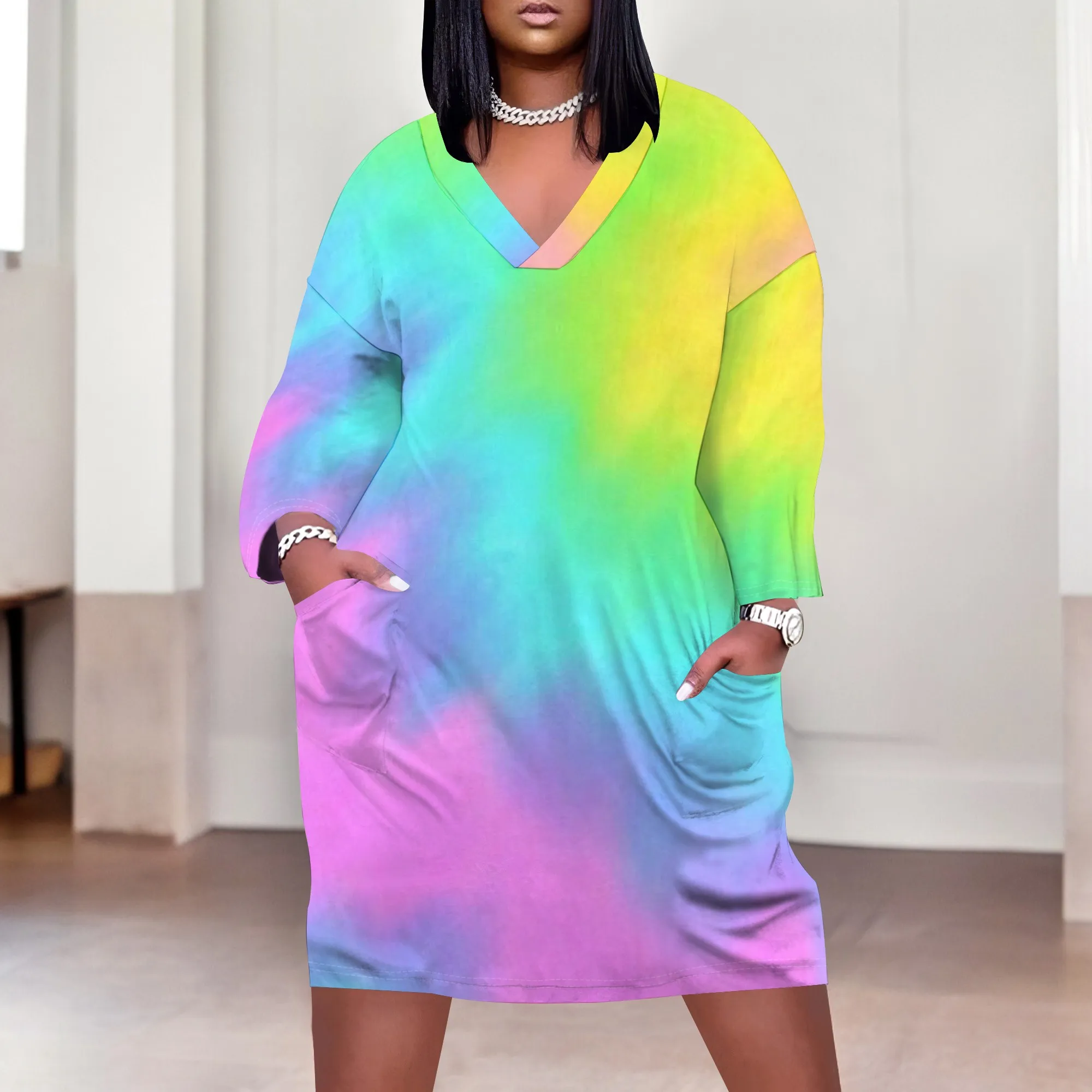 Plus Size Tie-Dye Dress for Women XL-6XL, V-Neck Colorful Rainbow Dress, Bold and Vibrant for Casual & Summer Wear
Plus Size Tie-Dye Dress for Women XL-6XL, V-Neck Colorful Rainbow Dress, Bold and Vibrant for Casual & Summer Wear