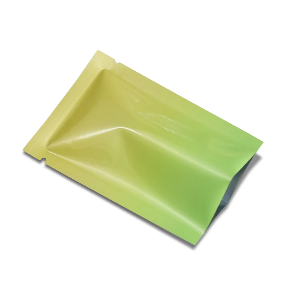 Flat Three Side Seal Open Top Aluminum Foil Bag Yellow-green Gradient Color Aluminized Food Vacuum Heat Seal Packaging Pouch
Flat Three Side Seal Open Top Aluminum Foil Bag Yellow-green Gradient Color Aluminized Food Vacuum Heat Seal Packaging Pouch