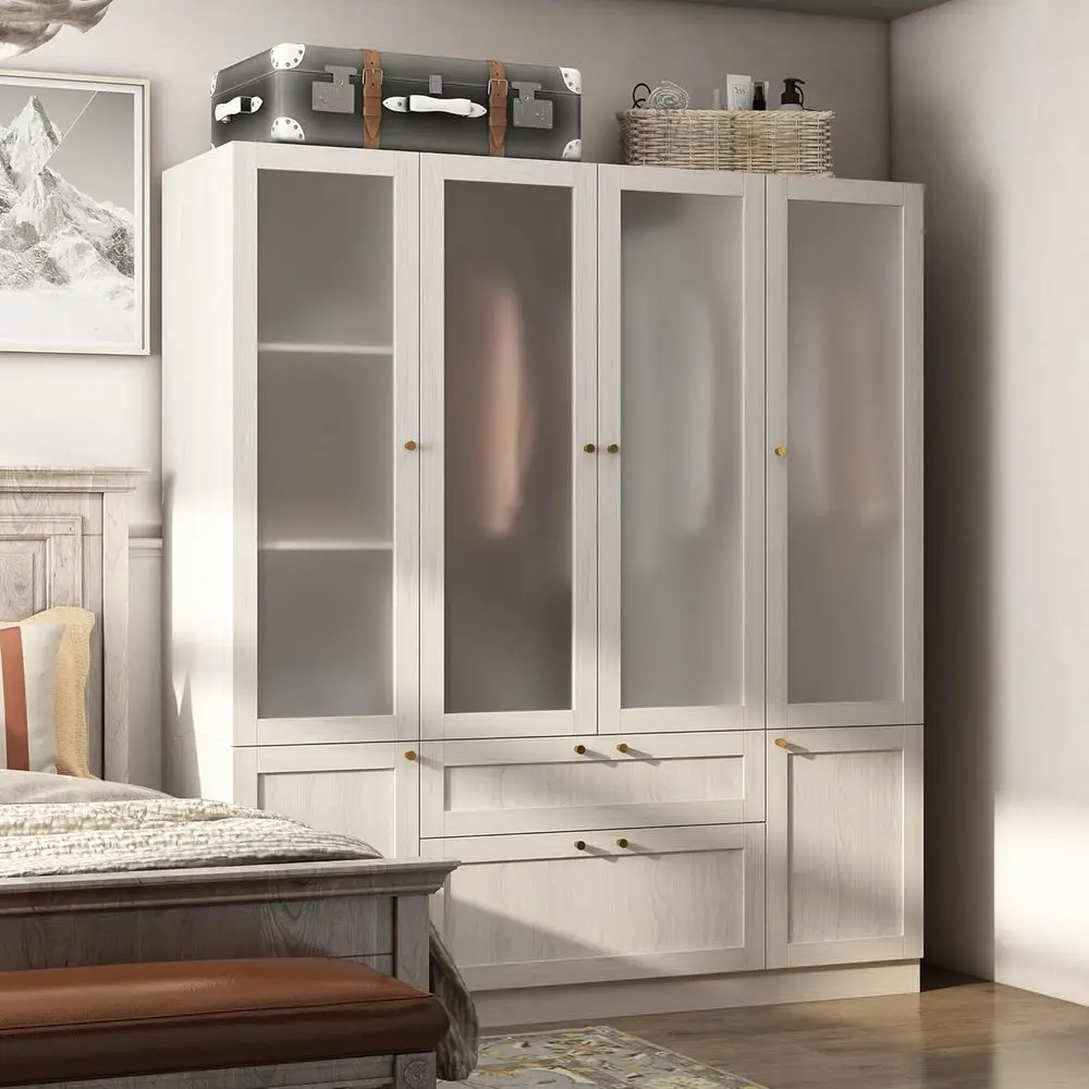 63 Warm Grey Wooden Armoire with 4 Rosted Glass Doors, Hanging Bars, Shelves & Drawers
63 Warm Grey Wooden Armoire with 4 Rosted Glass Doors, Hanging Bars, Shelves & Drawers