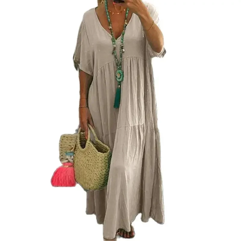 Women New V Neck Irregular Pleated Large Hem Dresses Three-part Splicing Loose Dress Female Comfortable Casual Floor-length Gown
Women New V Neck Irregular Pleated Large Hem Dresses Three-part Splicing Loose Dress Female Comfortable Casual Floor-length Gown