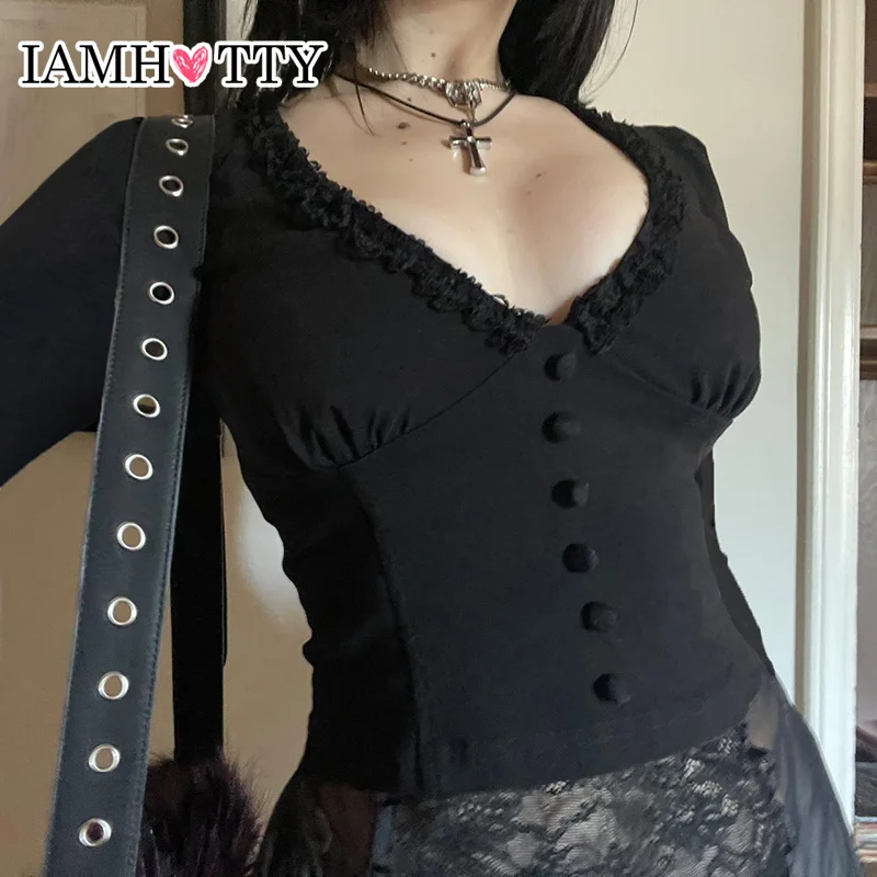 IAMHOTTY Raw Edges Deep V-neck Top Gothic Fake Single-breasted T-shirt Long Sleeve Casual Basic Tees Chic Elegant Streetwear
IAMHOTTY Raw Edges Deep V-neck Top Gothic Fake Single-breasted T-shirt Long Sleeve Casual Basic Tees Chic Elegant Streetwear