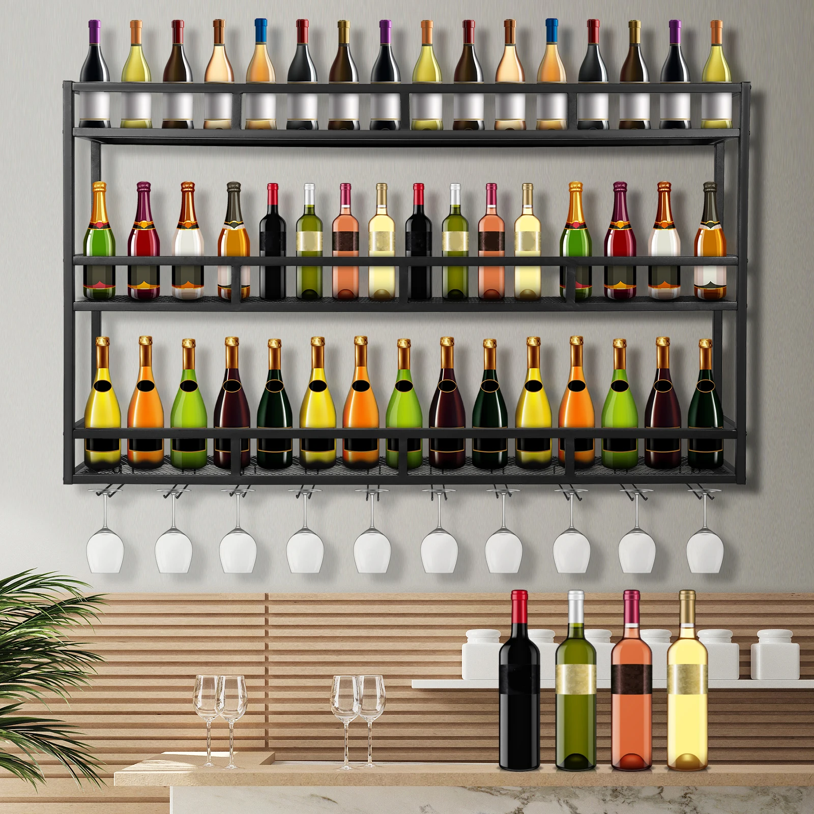 Bar Liquor Bottle Display Shelf Large Capacity Wine Glass Holder Floating Wall Wine Bracket for Home Bar Dining Room Decorative
Bar Liquor Bottle Display Shelf Large Capacity Wine Glass Holder Floating Wall Wine Bracket for Home Bar Dining Room Decorative