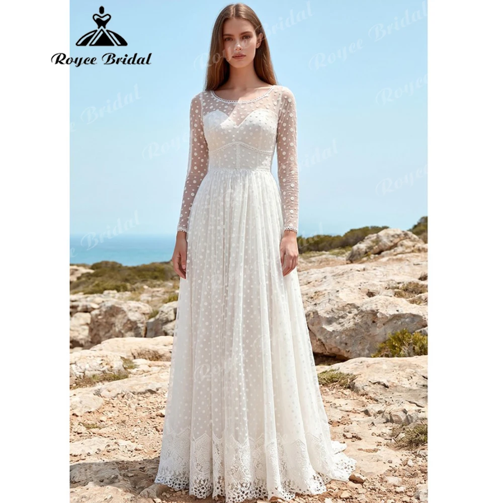 Vintage Polka Dot Tulle Wedding Dress Long Sleeves Lace Trim A-Line with Deep V Open Back for Beach Wedding Customizable
Vintage Polka Dot Tulle Wedding Dress Long Sleeves Lace Trim A-Line with Deep V Open Back for Beach Wedding Customizable