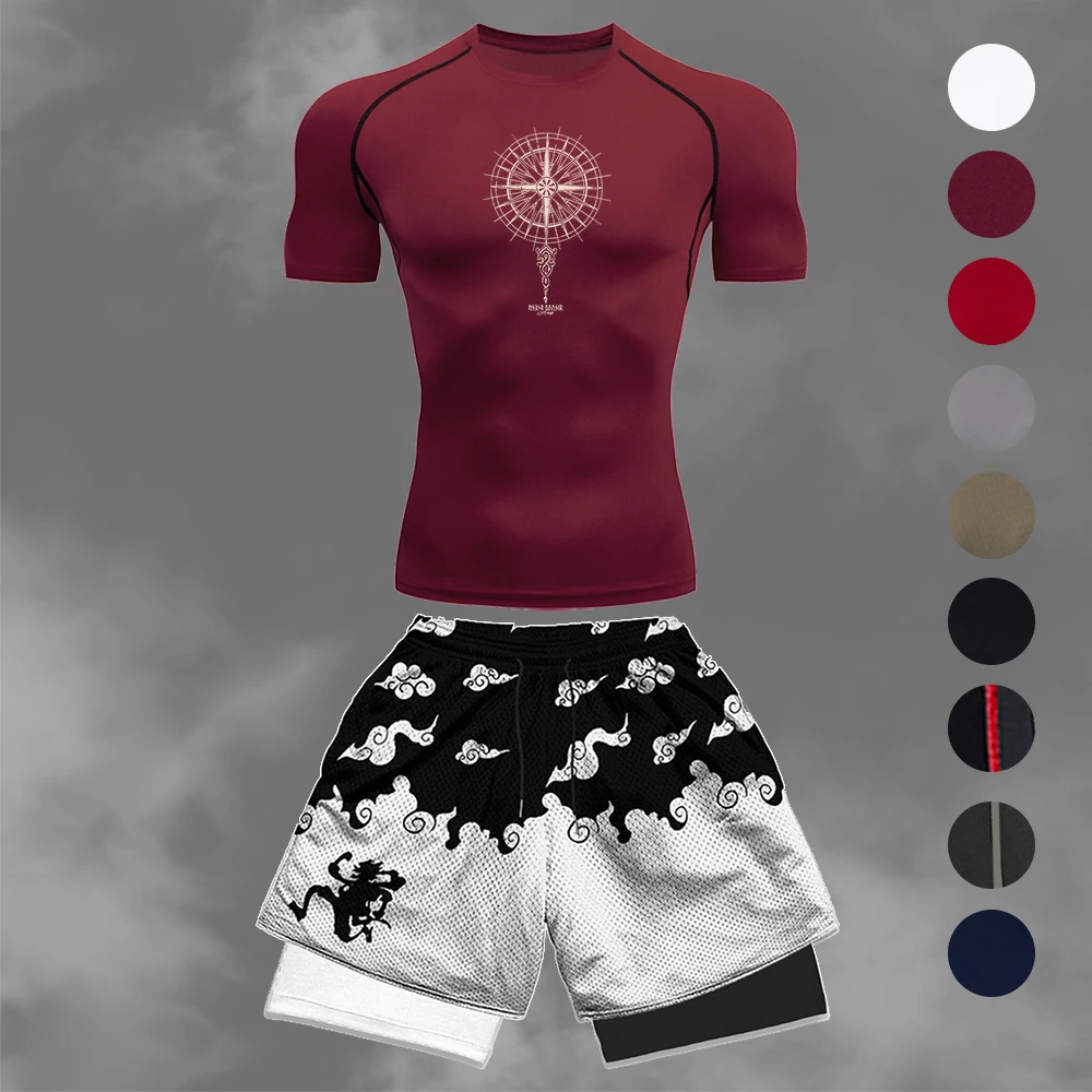Men Compression Gym Suit Quick Dry Short Sleeve Top + Cloud Wave Double Layer Sports Compass Print Training Shorts 2-Piece Set
Men Compression Gym Suit Quick Dry Short Sleeve Top + Cloud Wave Double Layer Sports Compass Print Training Shorts 2-Piece Set