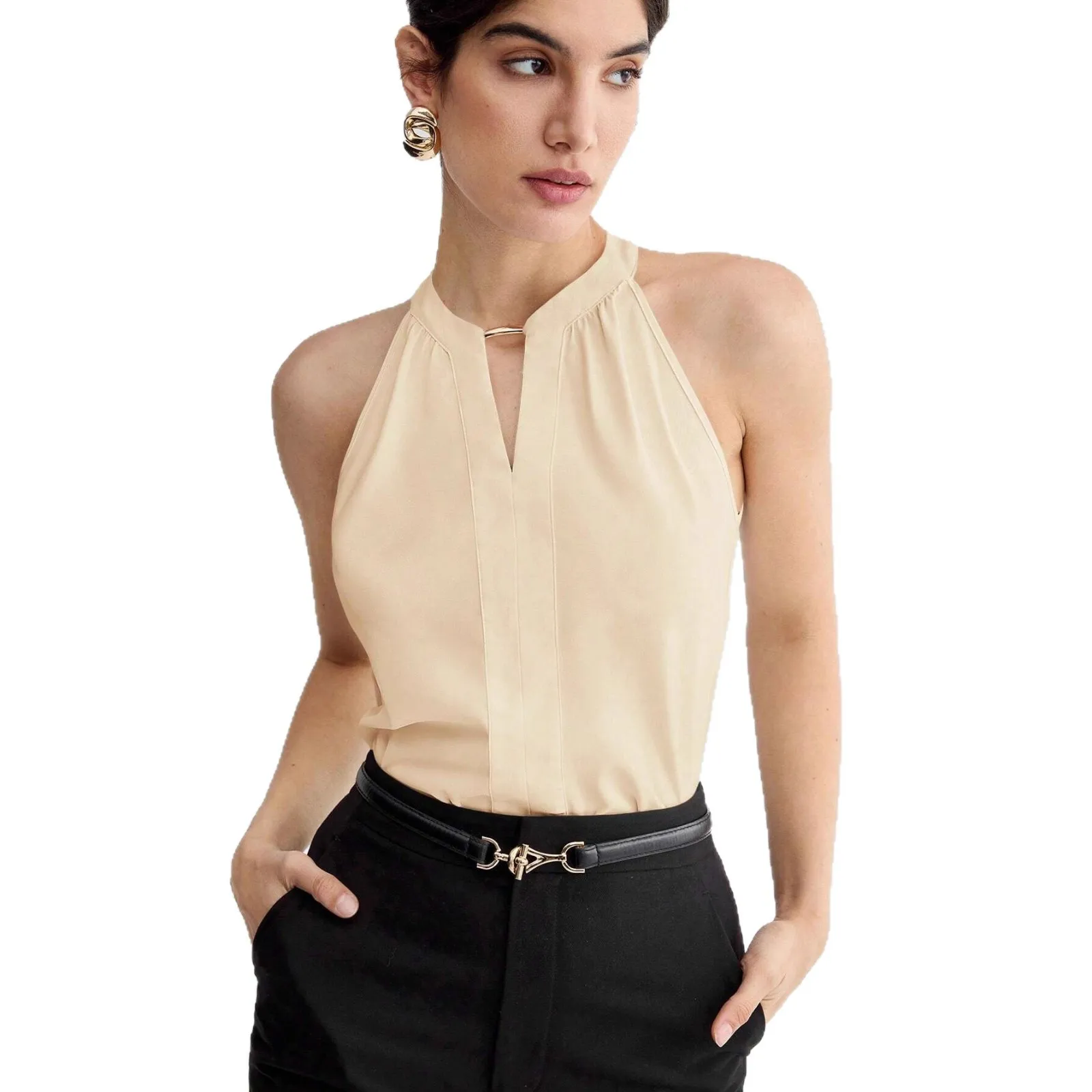 Business Women's Summer Sleeveless Neck Hanging Shirt Commute Fashionable Pure Color Versatile Slim Fit Fiber Blend Shirt
Business Women's Summer Sleeveless Neck Hanging Shirt Commute Fashionable Pure Color Versatile Slim Fit Fiber Blend Shirt