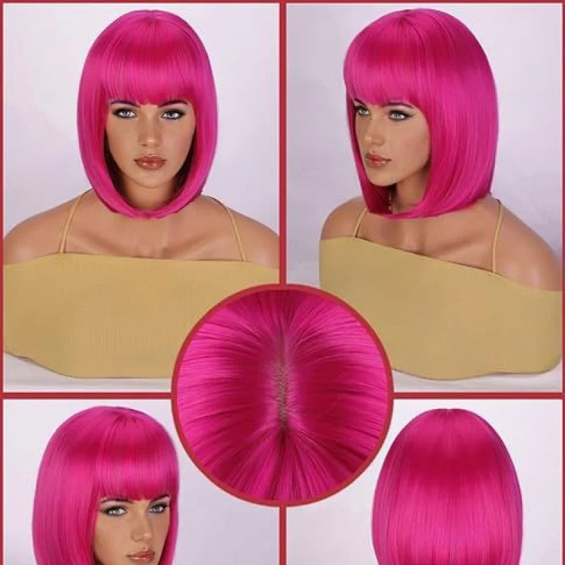 Halloween cosplay costume for women, fashionable wig with high-temperature fiber, straight bangs, rose red bob style, full head
Halloween cosplay costume for women, fashionable wig with high-temperature fiber, straight bangs, rose red bob style, full head