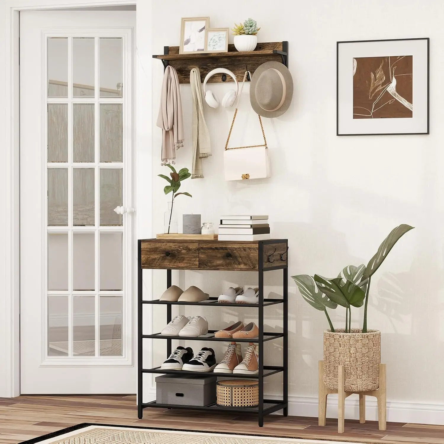 5-Tier Shoe Rack Set, Shoe Storage Organizer with Coat Rack, Metal Shoe Stand Set with Wall-Mounted Coat Hanger, Shoe Storage Sh
5-Tier Shoe Rack Set, Shoe Storage Organizer with Coat Rack, Metal Shoe Stand Set with Wall-Mounted Coat Hanger, Shoe Storage Sh