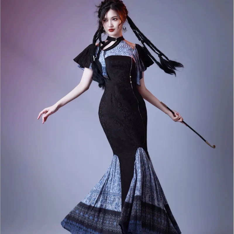 Ethnic-style tie-dyed jacquard fishtail pleated cheongsam dress
Ethnic-style tie-dyed jacquard fishtail pleated cheongsam dress