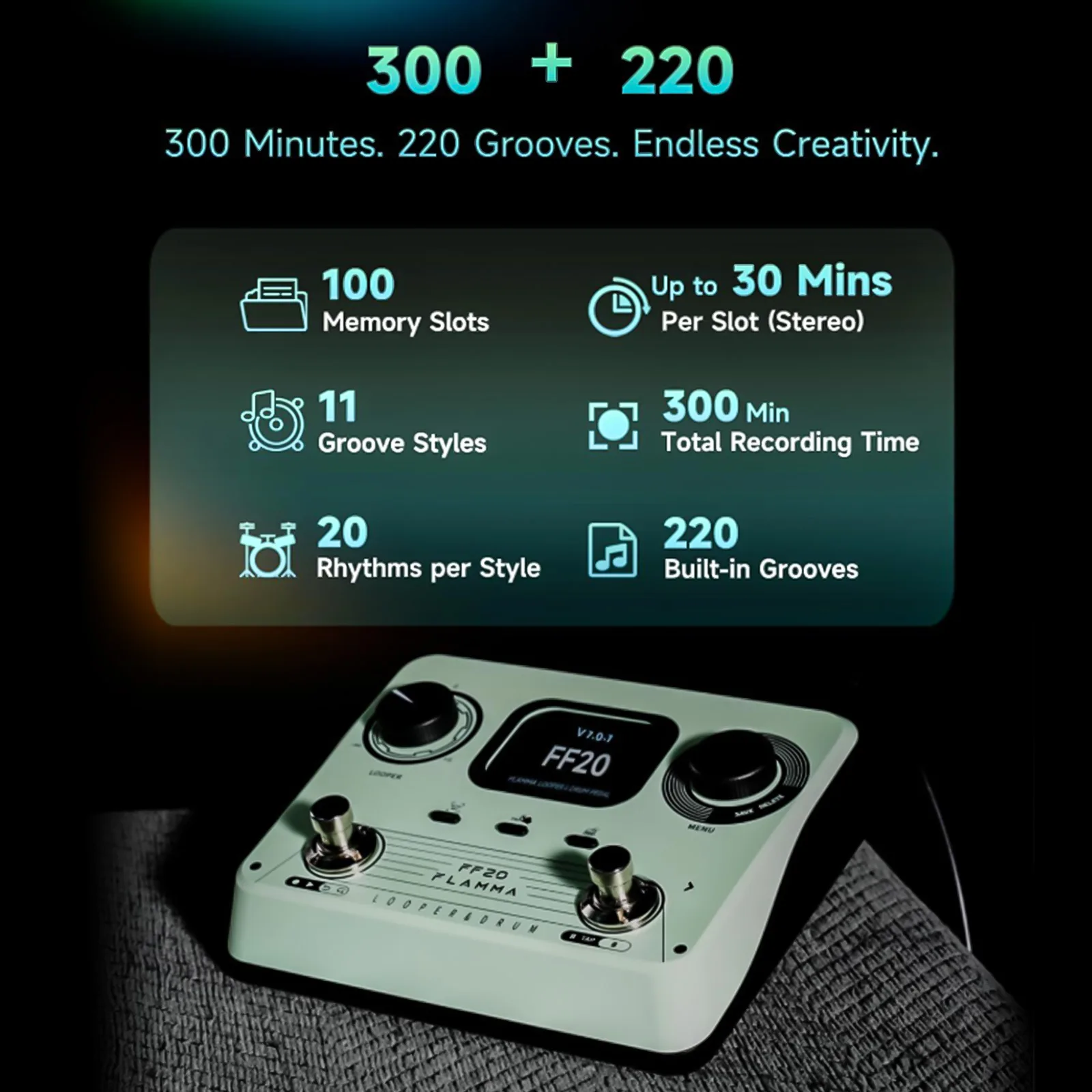 FLAMMA FF20 Drum Machine&Looper Pedal 300min Stereo Looper,220 Grooves,100 Slots All-in-One Performance Tool for Guitar/Bass
FLAMMA FF20 Drum Machine&Looper Pedal 300min Stereo Looper,220 Grooves,100 Slots All-in-One Performance Tool for Guitar/Bass
