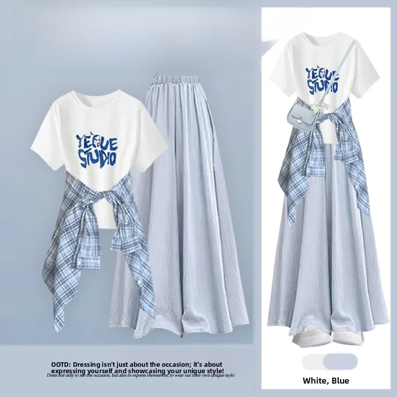 Women's Letter Print round Neck Short Sleeve T-Shirt High Waist Wide Leg Pants Three Piece Set Vintage Plaid Shirt Jacket
Women's Letter Print round Neck Short Sleeve T-Shirt High Waist Wide Leg Pants Three Piece Set Vintage Plaid Shirt Jacket