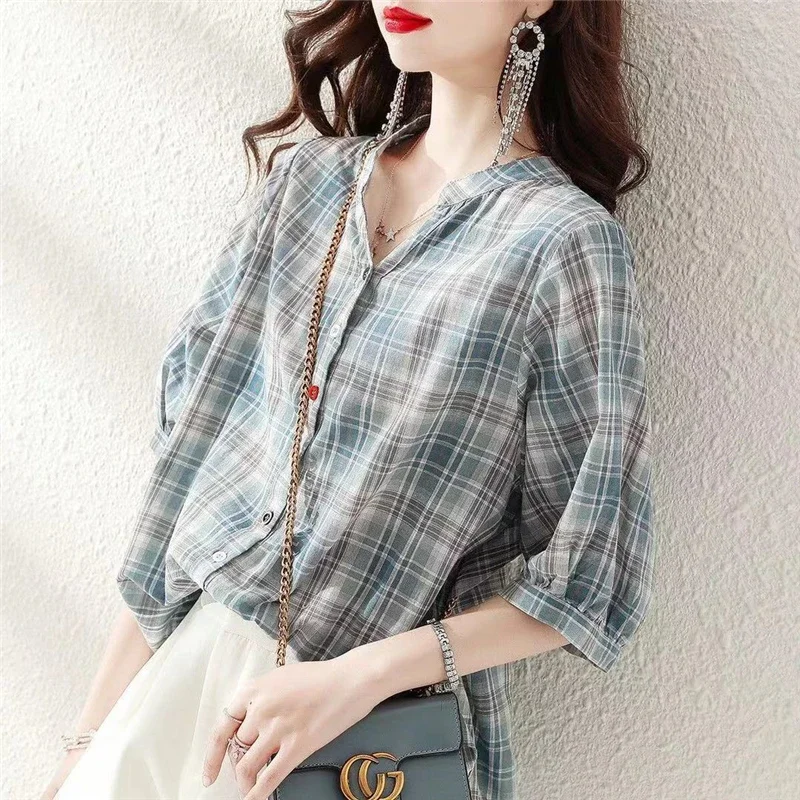 Women Retro Plaid Lace Up Simple Casual Loose Cotton Shirt Summer Korean Style V Neck Short Sleeve Blouse Chic Top Female E183
Women Retro Plaid Lace Up Simple Casual Loose Cotton Shirt Summer Korean Style V Neck Short Sleeve Blouse Chic Top Female E183