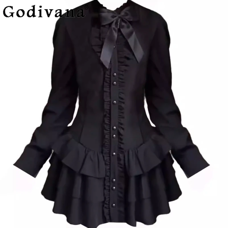 Spring Autumn Fashion Gothic Retro Black Lace Splicing Long Sleeve Dress Temperament New High Waist A-line Cake Shirt Dresses
Spring Autumn Fashion Gothic Retro Black Lace Splicing Long Sleeve Dress Temperament New High Waist A-line Cake Shirt Dresses