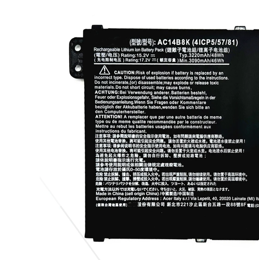 Аккумулятор для ноутбука AC14B8K для Nitro 5 AN515-51/52/53 Aspire V3-371 V3-111 ES1-111 ES1-512 R3-131T R5-471T R7-371T R7-372T 15,2V48W
Аккумулятор для ноутбука AC14B8K для Nitro 5 AN515-51/52/53 Aspire V3-371 V3-111 ES1-111 ES1-512 R3-131T R5-471T R7-371T R7-372T 15,2V48W