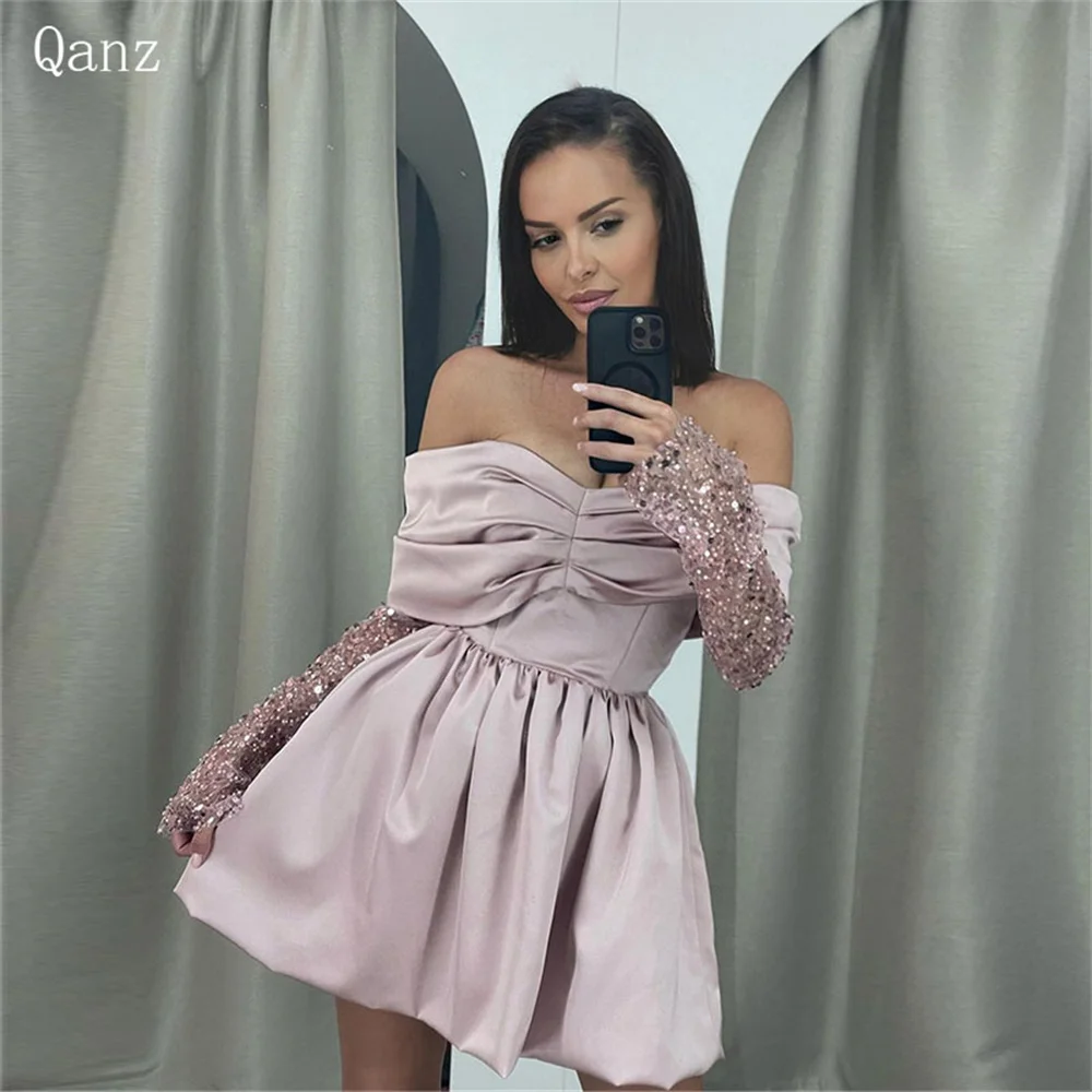 Qanz Off the Shoulder Short Prom Dresses Satin Long Sleeves Glitter Sequined Homecoming Dresses Corset Vestido De Festa Luxuoso
Qanz Off the Shoulder Short Prom Dresses Satin Long Sleeves Glitter Sequined Homecoming Dresses Corset Vestido De Festa Luxuoso