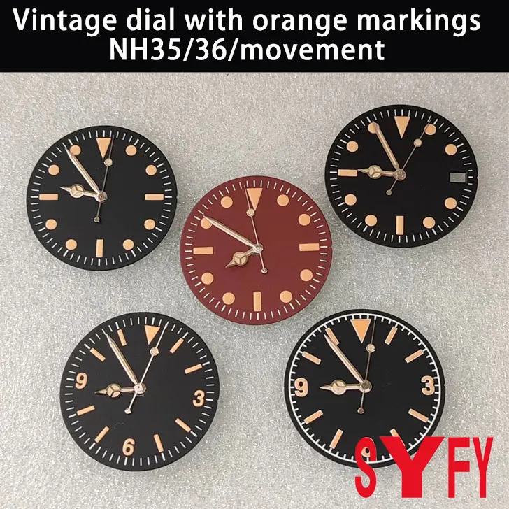 Retro dial with orange lettering and green glow in the dark markings+hands suitable for NH35/36/movement
Retro dial with orange lettering and green glow in the dark markings+hands suitable for NH35/36/movement
