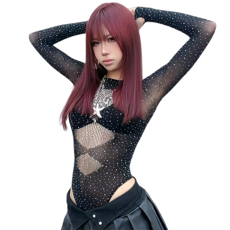 Erotic Women Girl Punk Millennium Hot Girl Style Sexy Hollow Mesh Rhinestone Long Sleeves Bodysuit Street Sexy See Through Top
Erotic Women Girl Punk Millennium Hot Girl Style Sexy Hollow Mesh Rhinestone Long Sleeves Bodysuit Street Sexy See Through Top