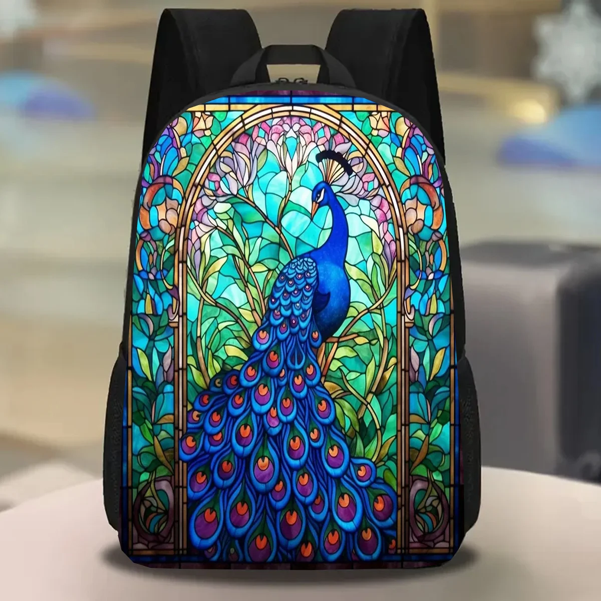 One piece, a colorful glass peacock backpack, a large-capacity 17-inch casual backpack with a water bottle holder
One piece, a colorful glass peacock backpack, a large-capacity 17-inch casual backpack with a water bottle holder