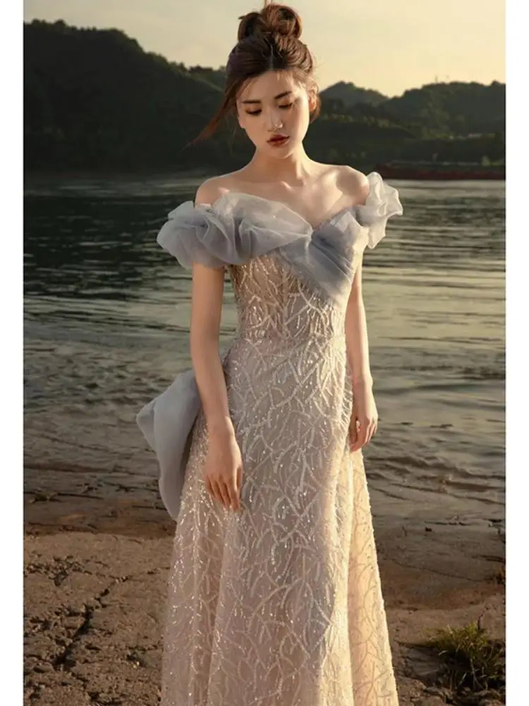 French Style Strapless Evening Dress Off The Shoulder Sequins Big Bow Slim Mermaid Dresses Female Formal Celebrity Gowns
French Style Strapless Evening Dress Off The Shoulder Sequins Big Bow Slim Mermaid Dresses Female Formal Celebrity Gowns