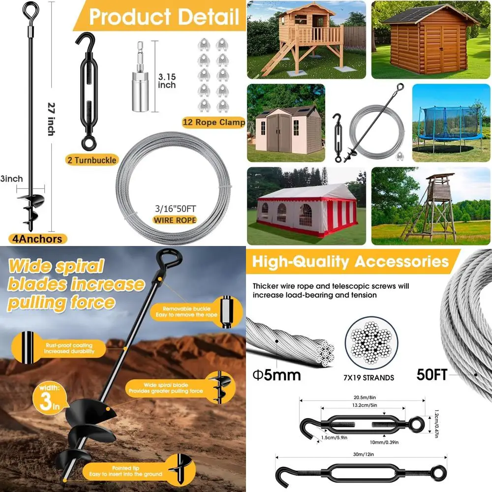 27in 4 Pack Shed Anchor Kit Ground Anchors with 3/16" Galvanized Cable, Trampoline Stakes Anchors High Wind – Ideal for Canopies
27in 4 Pack Shed Anchor Kit Ground Anchors with 3/16" Galvanized Cable, Trampoline Stakes Anchors High Wind – Ideal for Canopies