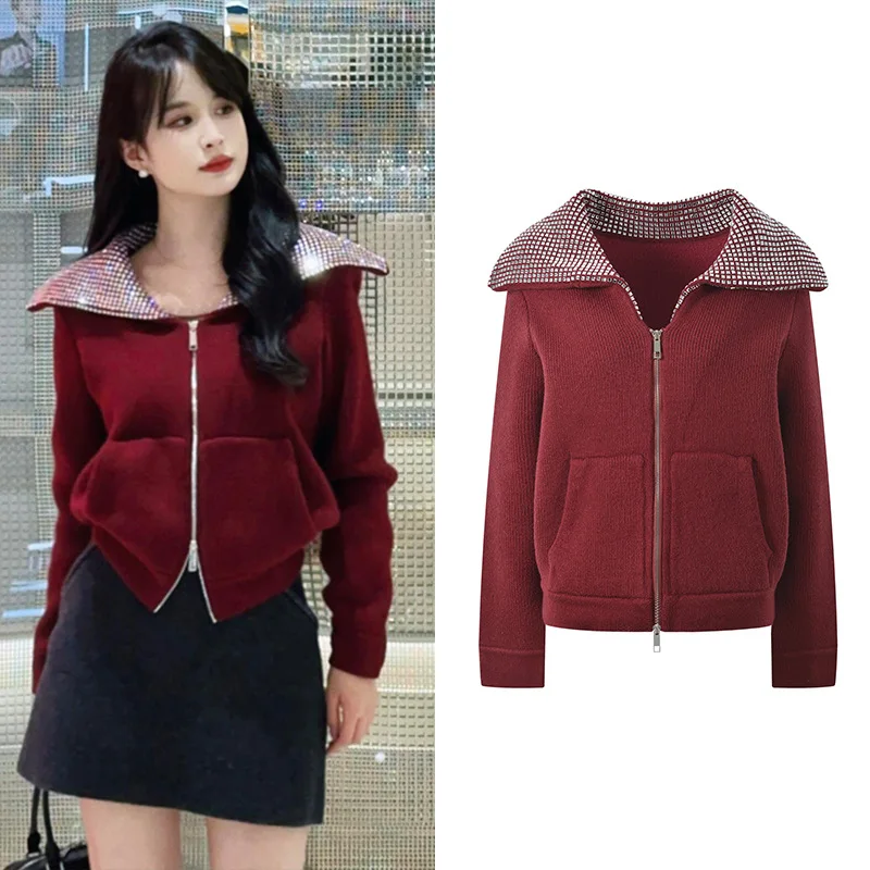 Navy Collar Heavy Industry Diamond Top Burgundy Double Zipper Age Reducing All-match Jacket 2025 Spring New Style Y2k Clothes
Navy Collar Heavy Industry Diamond Top Burgundy Double Zipper Age Reducing All-match Jacket 2025 Spring New Style Y2k Clothes