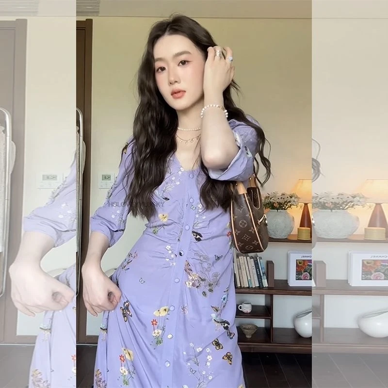 French Style Purple Floral Dress For Women Summer High-end Unique Pleated Waist Long Dress Women Improved Hanfu Dress
French Style Purple Floral Dress For Women Summer High-end Unique Pleated Waist Long Dress Women Improved Hanfu Dress